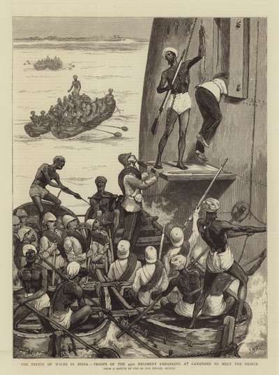 Der Prinz von Wales in Indien, Truppen des 43. Regiments gehen in Cananore an Bord, um den Prinzen zu treffen von Joseph Nash